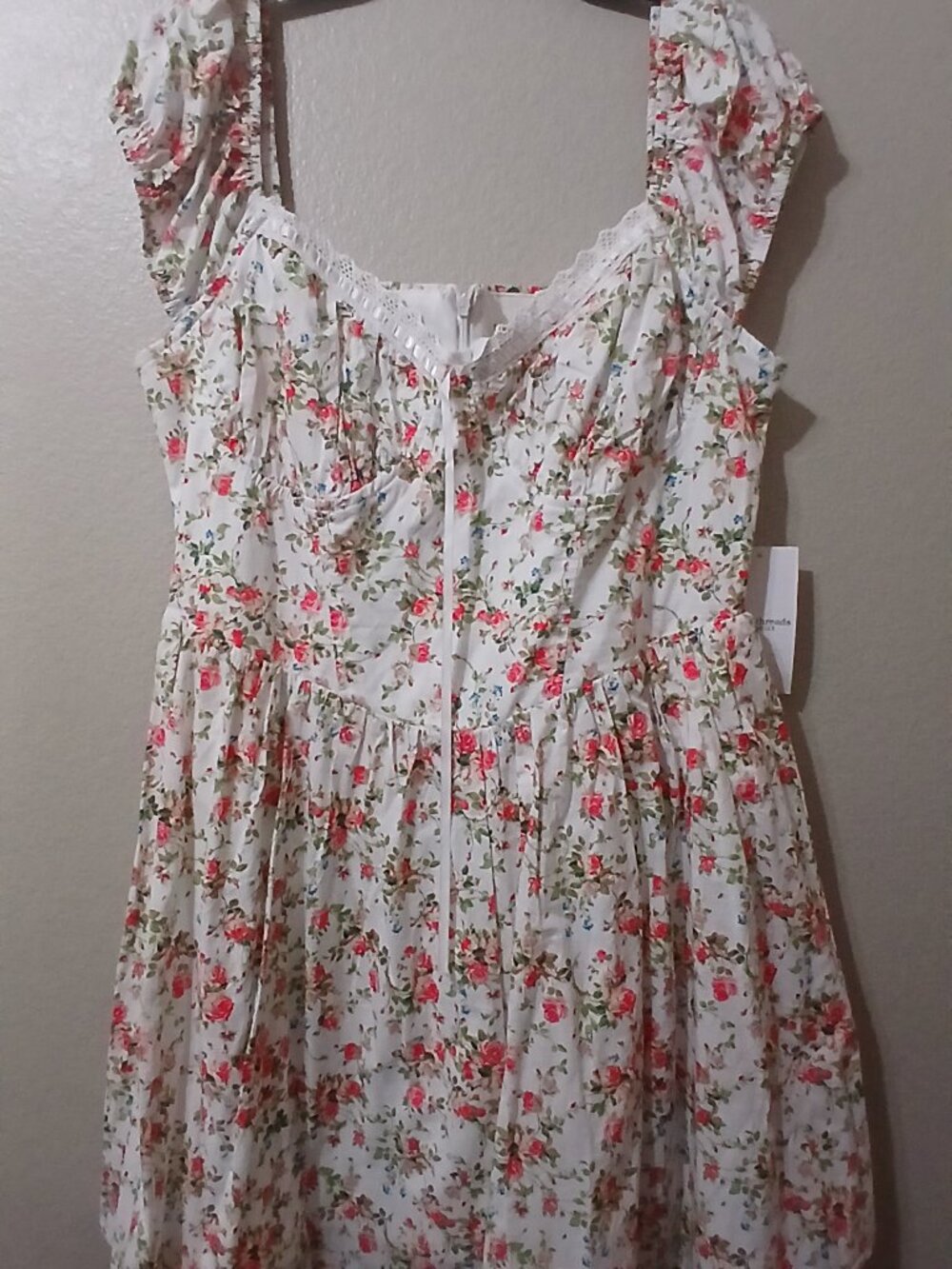 Floral Square-Neck Mini Dress in White with Pink & Green Print